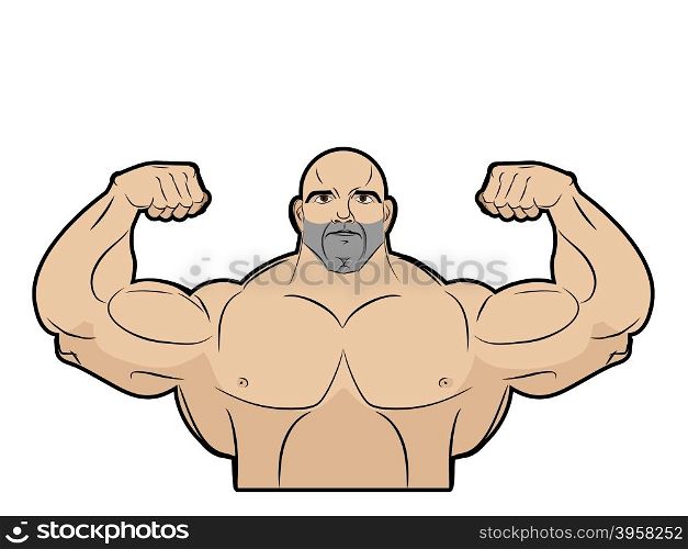 Bodybuilder on a white background. Athlete with big muscles. Big brutal men with muscled. Emblem for gym. Fitness model in pose a double biceps in front. Vector illustration.