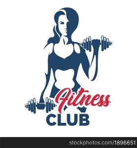 Bodybuilder or Fitness Template. Athletic young fitness woman with dumbbells. Vector illustration.