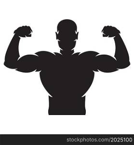 Bodybuilder strong man. Black silhouette. Design element. Vector illustration isolated on white background. Template for books, stickers, posters, cards, clothes.