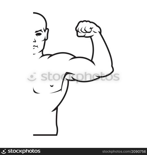Bodybuilder strong man. Outline silhouette. Design element. Vector illustration isolated on white background. Template for books, stickers, posters, cards, clothes.