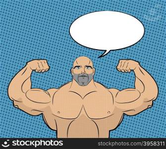 Bodybuilder with big muscles and bubble. People in style of pop art. Trained athlete shows muscles and said. Space for text. Vector illustration