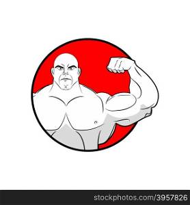 Bodybuilder with big muscles. Emblem gym. Logo for team sport athletes. Strong man shows biceps. People in circle. Vector illustration sports