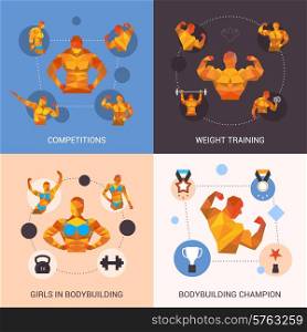 Bodybuilding design concept set with competition weight training champion polygonal icons isolated vector illustration