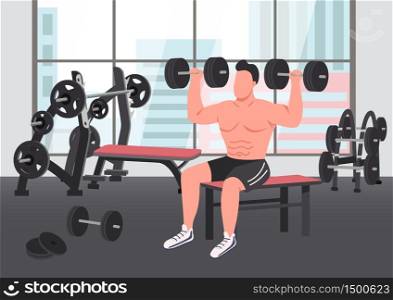 Bodybuilding exercise flat color vector illustration. Strong sportsman lifting dumbbells 2D cartoon character with gym on background. Weightlifting training, exercising in fitness center. Bodybuilding exercise flat color vector illustration
