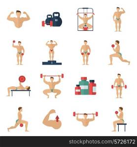 Bodybuilding fitness gym flat icons set with male athlete figures isolated vector illustration