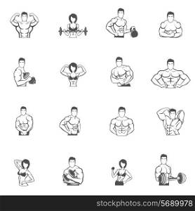 Bodybuilding fitness gym icons black set with male and female athletes silhouettes isolated vector illustration