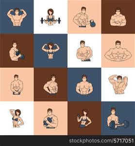 Bodybuilding fitness gym icons flat line set with strong muscular people isolated vector illustration