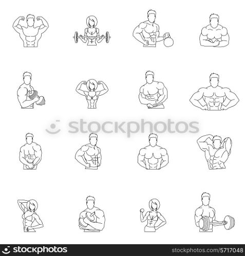 Bodybuilding fitness gym icons outline set with people workout isolated vector illustration