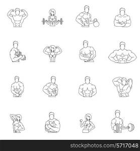 Bodybuilding fitness gym icons outline set with people workout isolated vector illustration