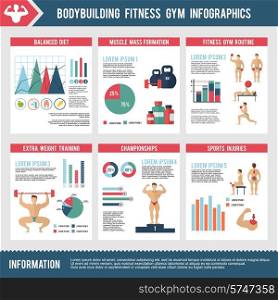 Bodybuilding fitness gym infographics set with charts and sport icons vector illustration