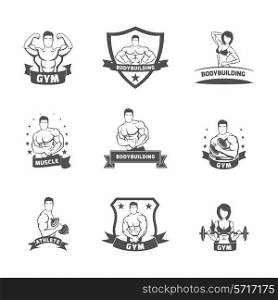 Bodybuilding fitness gym muscle athlete label black set isolated vector illustration