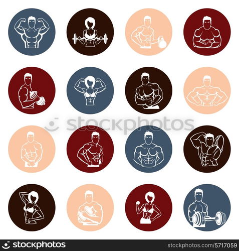 Bodybuilding fitness gym round icons flat set with strong men and women figures lifting iron isolated vector illustration