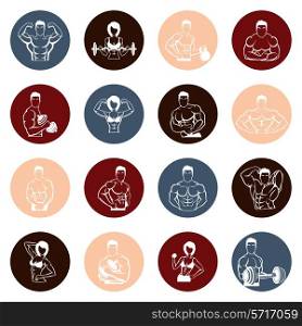 Bodybuilding fitness gym round icons flat set with strong men and women figures lifting iron isolated vector illustration