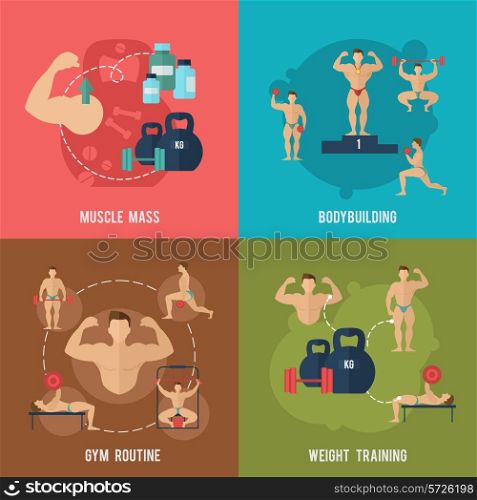 Bodybuilding flat icons set with muscle mass gym routine weight training isolated vector illustration