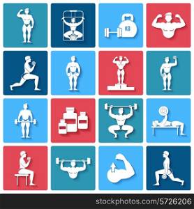 Bodybuilding gym fitness and power lifting icons set isolated vector illustration