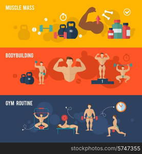 Bodybuilding horizontal banner set with muscle mass gym routine elements isolated vector illustration