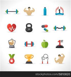Bodybuilding icons flat set with barbell bodybuilder iron isolated vector illustration. Bodybuilding Icons Set