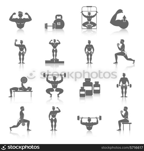 Bodybuilding muscle exercise fitness gym black icons set isolated vector illustration