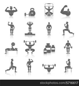 Bodybuilding muscle exercise fitness gym black icons set isolated vector illustration
