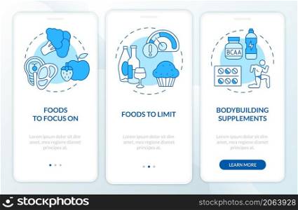 Bodybuilding nutrition blue onboarding mobile app screen. Sport walkthrough 3 steps graphic instructions pages with linear concepts. UI, UX, GUI template. Myriad Pro-Bold, Regular fonts used. Bodybuilding nutrition blue onboarding mobile app screen