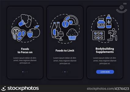 Bodybuilding nutrition night mode onboarding mobile app screen. Sports walkthrough 3 steps graphic instructions pages with linear concepts. UI, UX, GUI template. Myriad Pro-Bold, Regular fonts used. Bodybuilding nutrition night mode onboarding mobile app screen