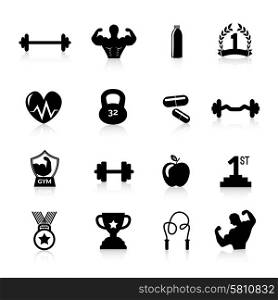 Bodybuilding sport and fitness training workout icons black set isolated vector illustration. Bodybuilding Icons Black
