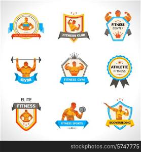 Bodybuilding sport fitness training and workout emblems set isolated vector illustration