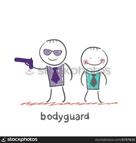 Bodyguard. Fun cartoon style illustration. The situation of life.
