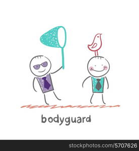 Bodyguard. Fun cartoon style illustration. The situation of life.