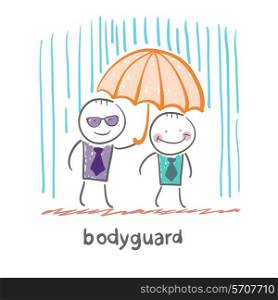 Bodyguard. Fun cartoon style illustration. The situation of life.