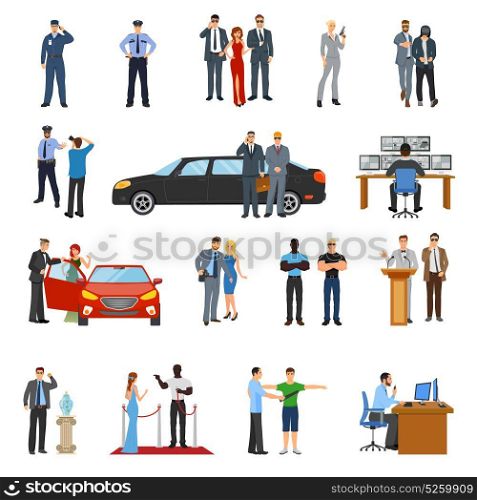 Bodyguard Icons Set. Bodyguard icons set with celebrities symbols flat isolated vector illustration