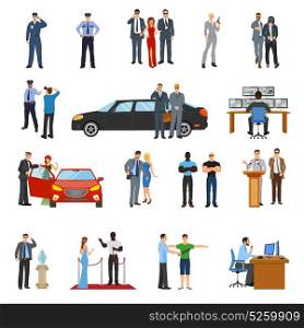 Bodyguard Icons Set. Bodyguard icons set with celebrities symbols flat isolated vector illustration
