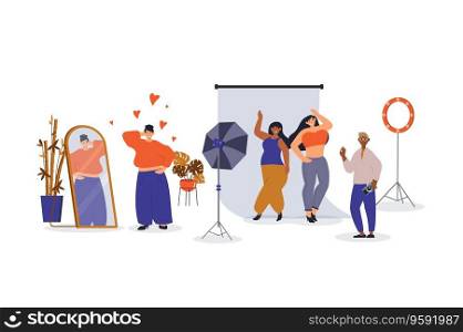 Bodypositive people concept with character scene for web. Women with different body expressing self love by mirror or photoshoots situation in flat design. Vector illustration for marketing material.