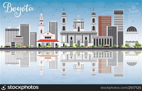 Bogota Skyline with Gray Buildings, Blue Sky and Reflections. Vector Illustration. Business Travel and Tourism Concept with Historic Buildings. Image for Presentation Banner Placard and Web Site.