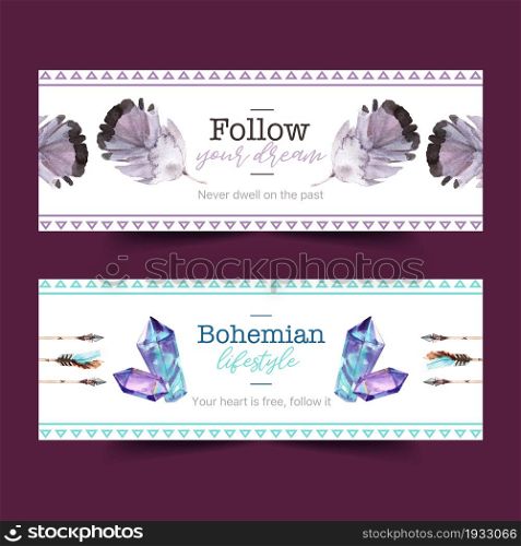 Bohemian banner design with crystal, feather watercolor illustration.