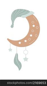Bohemian cute moon vector in pastel colors. Scandinavian baby abstract, boho moon with feather, heart, stars isolated on white background. Printable poster illustration for kids fabric paper.. Bohemian cute moon vector in pastel colors. Scandinavian baby abstract, boho moon with feather, heart, stars isolated on white background.