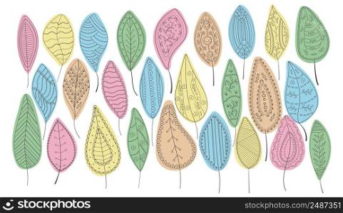 Bohemian leaves vector set in line art style. Colorful ethnic tribal leaf in hand drawn style collection with boho ornament for wrapping paper, wallpaper, textile, logo, fabric, coloring page.. Bohemian leaves vector set in line art style. Colorful ethnic tribal leaf in hand drawn style collection