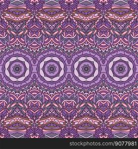 Bohemian repeating mandala art geometric seamless pattern vector. Boho ornamental carpet violet and purple. Arabesque design.. Vector seamless pattern doodle art mandala. Ethnic design with colorful ornament.