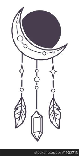 Bohemian talisman or magical amulet, dreamcatcher made of crescent moon and sun, crystal stone and feathers hanging on thread. Occult and mystic symbol. Colorless line art, vector in flat style. Magical talisman or amulet, dream catcher moon