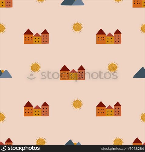 Bohemianl hand drawn pattern, ethnic pattern. Boho seamless texture. Ethnic background with houses. Wallpaper for pattern fills, web page. Bohemianl hand drawn pattern