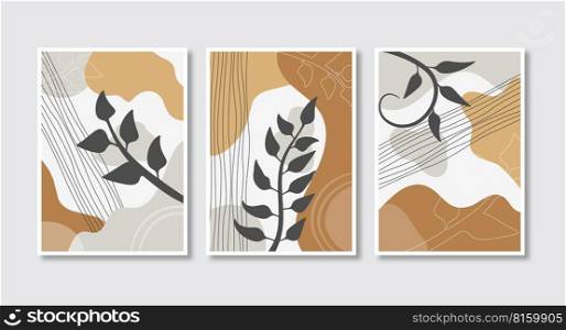 Boho aesthetic abstract wall art poster print. Plant poster art. Abstract modern art posters set. Minimalist hand painted. Vector stock