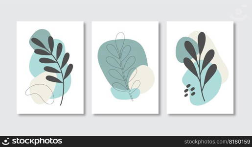 Boho aesthetic abstract wall art poster print. Plant poster art. Abstract modern art posters set. Minimalist hand painted. Vector stock