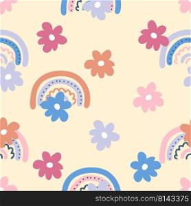 Boho aesthetic seamless pattern with flowers and rainbows. Summer simple print for T-shirt, textile and fabric. Hand drawn vector illustration for decor and design.