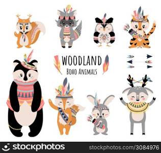 Boho animals. Cute cartoon woodland raccoon fox bear rabbit fox and other forest animals. Vector illustration funny characters for kids illustration. Boho animals. Cute cartoon woodland raccoon fox bear rabbit fox and other forest animals. Vector funny characters for kids illustration