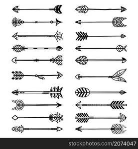 Boho arrows. Bows stylized weapons in ethno style arrows with feathers recent vector drawn set for logo design. Arrow bohemian, archery weapon, indian and medieval war tools illustration. Boho arrows. Bows stylized weapons in ethno style arrows with feathers recent vector drawn set for logo design