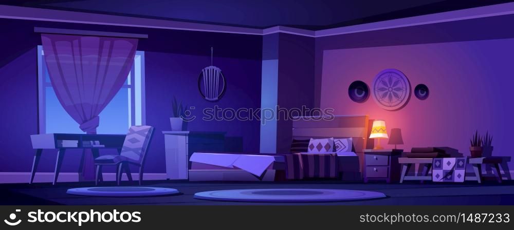 Boho, bohemian bedroom interior at night. Empty dark room with wooden furniture, bed, plants, round rags, glow lamp. Hipster style wall decoration, table vintage design, Cartoon vector illustration. Boho, bohemian bedroom empty interior at night