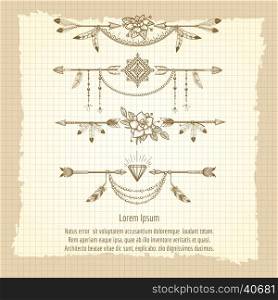 Boho dividers with ethnic elements. Hand drawn boho dividers with ethnic elements flowers arrows on vintage background. Vector illustration