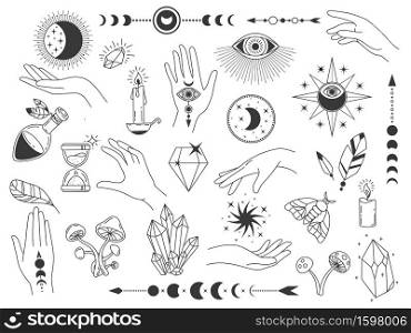 Boho mystic elements. Witch magic vintage logos with crystals, hands, moon and eyes. Outline spiritual and esoteric tattoo design vector set. Illustration magic tattoo, mystic boho esoteric. Boho mystic elements. Witch magic vintage logos with crystals, hands, moon and eyes. Outline spiritual and esoteric tattoo design vector set