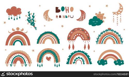 Boho rainbow. Cartoon minimalist banner in childish style with crescents or sun and clouds. Collection of hand drawn isolated decorative stickers in pastel colors. Abstract curved stripes, vector set. Boho rainbow. Minimalist banner in childish style with crescents or sun and clouds. Collection of hand drawn decorative stickers in pastel colors. Abstract curved stripes, vector set
