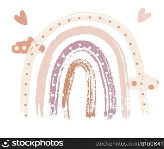 Boho Rainbow Print with Clouds For Playroom With Neutral Gender Colors and Hearts. Vector Illustration. Fabulous Object Isolated on White.